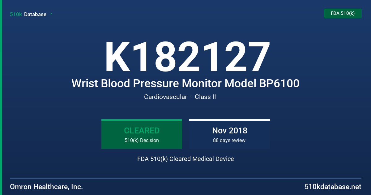 K182127 Wrist Blood Pressure Monitor Model BP6100 FDA 510(k) Cleared Medical Device