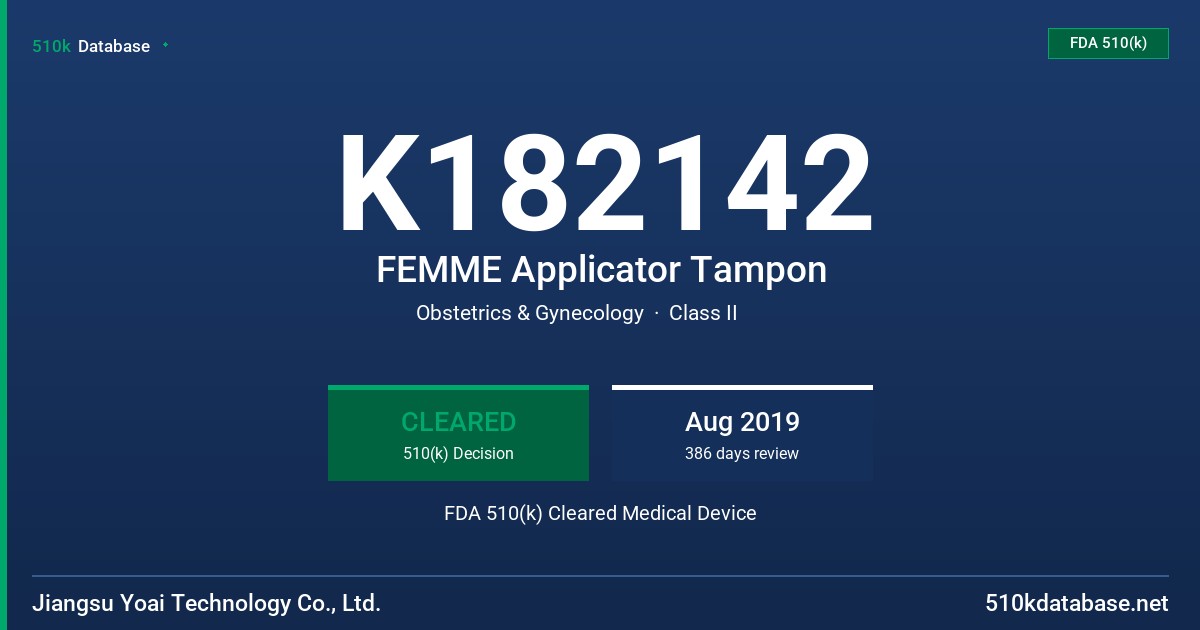 K182142 FEMME Applicator Tampon FDA 510(k) Cleared Medical Device