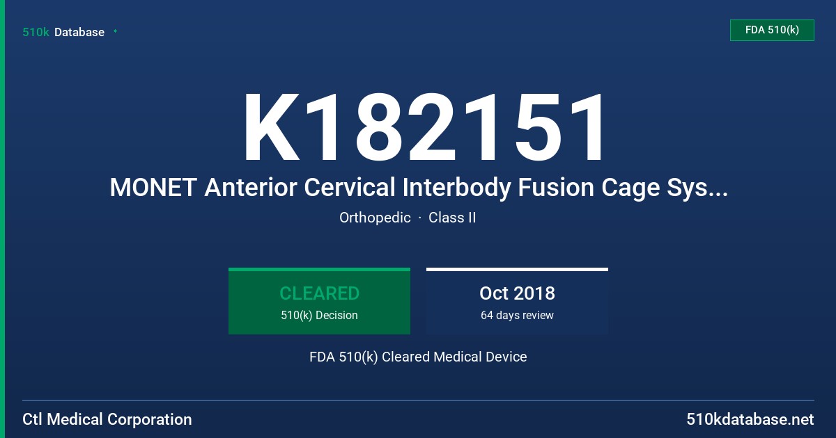 K182151 MONET Anterior Cervical Interbody Fusion Cage System with Supplementary Fixation Plate FDA 510(k) Cleared Medical Device