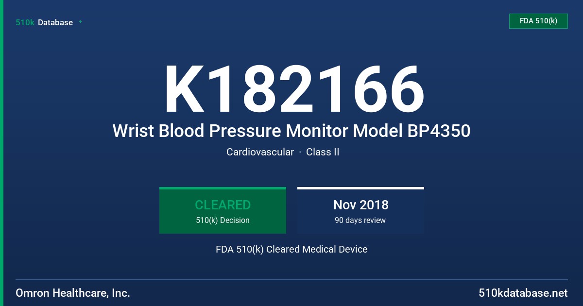 K182166 Wrist Blood Pressure Monitor Model BP4350 FDA 510(k) Cleared Medical Device