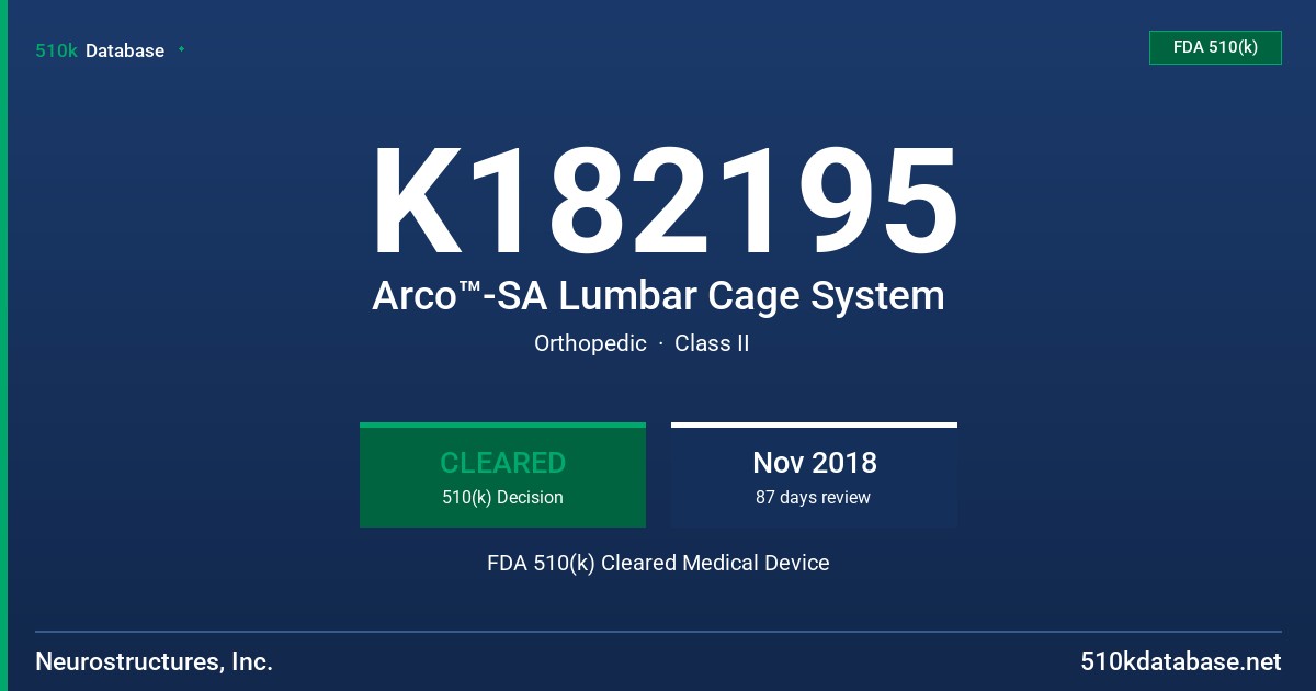 K182195 Arco™-SA Lumbar Cage System FDA 510(k) Cleared Medical Device