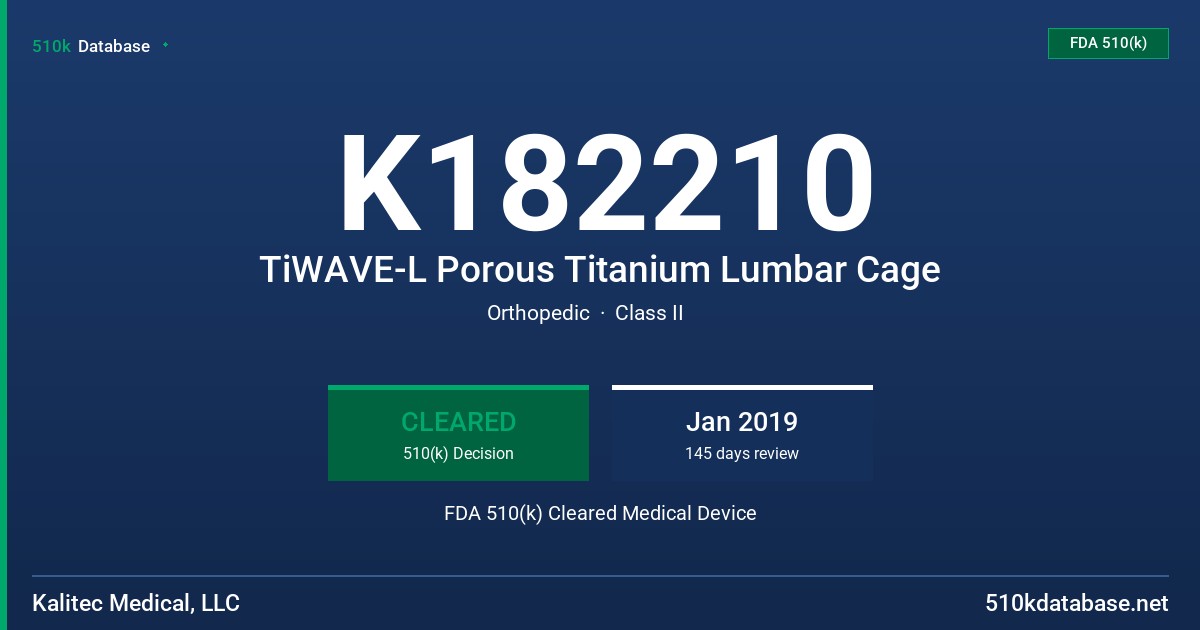 K182210 TiWAVE-L Porous Titanium Lumbar Cage FDA 510(k) Cleared Medical Device