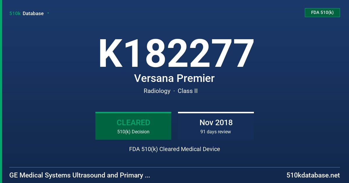 K182277 Versana Premier FDA 510(k) Cleared Medical Device
