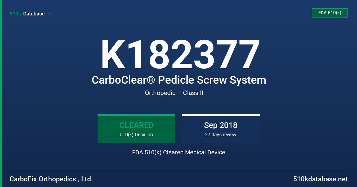 K182377 CarboClear® Pedicle Screw System FDA 510(k) Cleared Medical Device