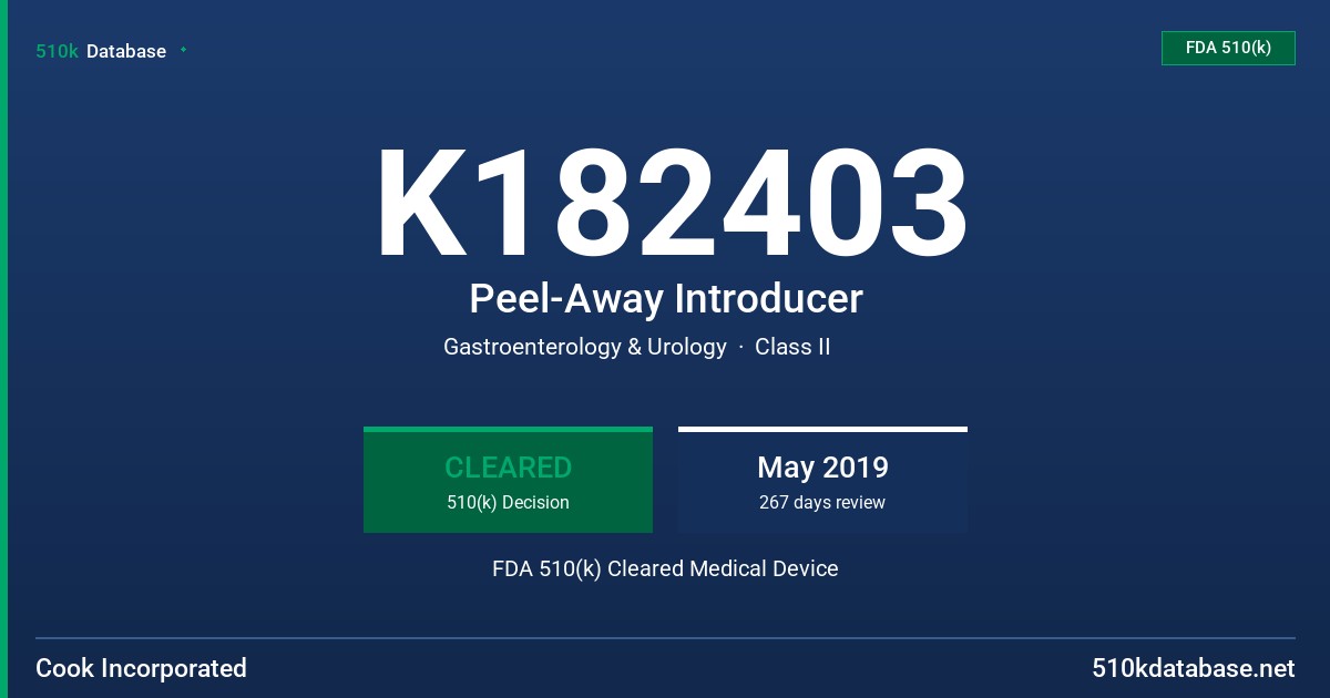 K182403 Peel-Away Introducer FDA 510(k) Cleared Medical Device