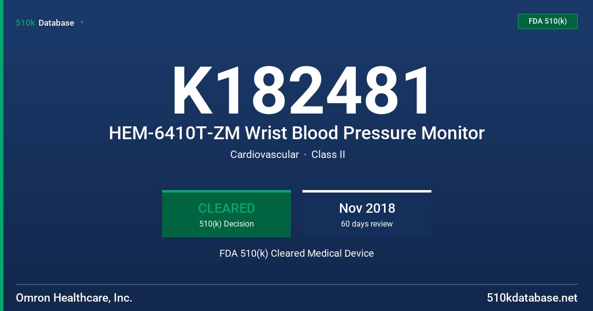 K182481 HEM-6410T-ZM Wrist Blood Pressure Monitor FDA 510(k) Cleared Medical Device