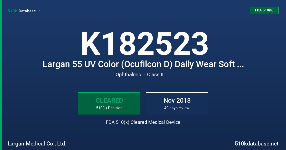 K182523 Largan 55 UV Color (Ocufilcon D) Daily Wear Soft (hydrophilic) Contact Lens FDA 510(k) Cleared Medical Device
