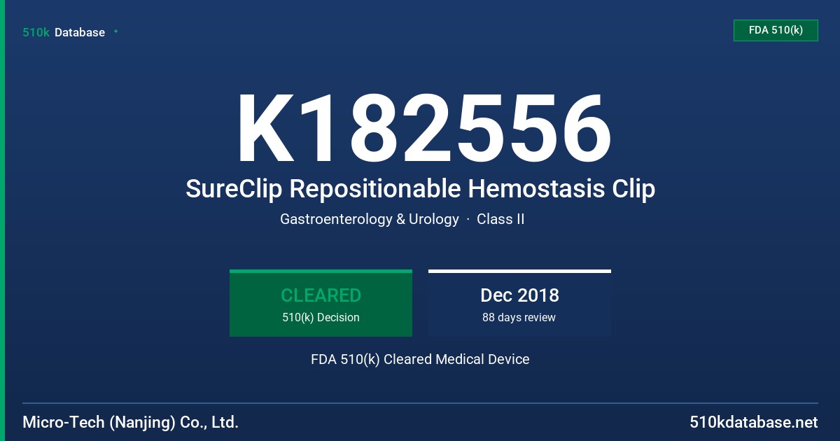 K182556 SureClip Repositionable Hemostasis Clip FDA 510(k) Cleared Medical Device