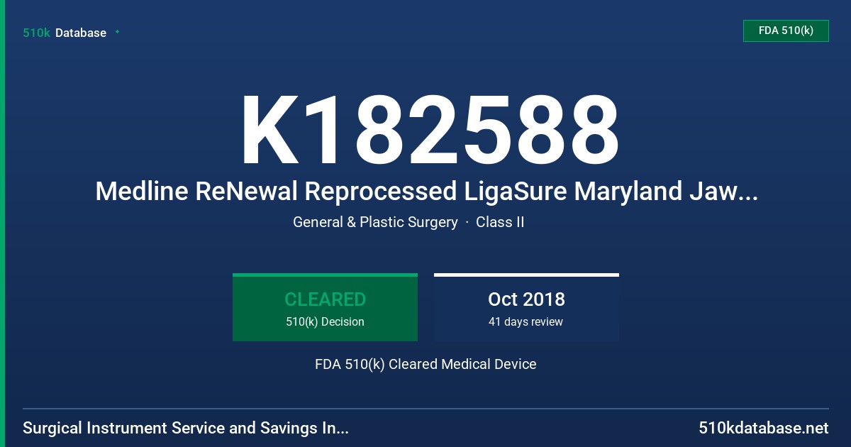 K182588 Medline ReNewal Reprocessed LigaSure Maryland Jaw Sealer/Divider FDA 510(k) Cleared Medical Device