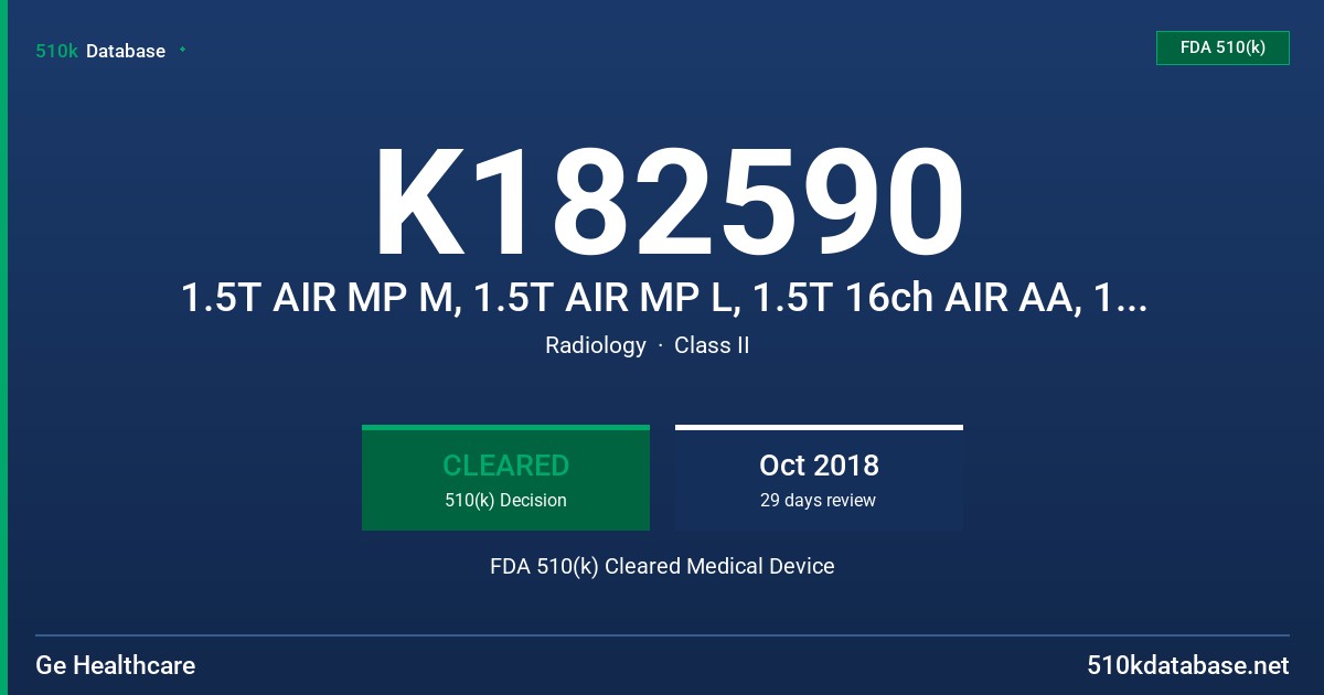 K182590 1.5T AIR MP M, 1.5T AIR MP L, 1.5T 16ch AIR AA, 1.5T 30ch AIR AA FDA 510(k) Cleared Medical Device