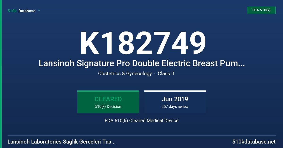 K182749 Lansinoh Signature Pro Double Electric Breast Pump, Lansinoh Smartpump Double Electric Breast Pump FDA 510(k) Cleared Medical Device