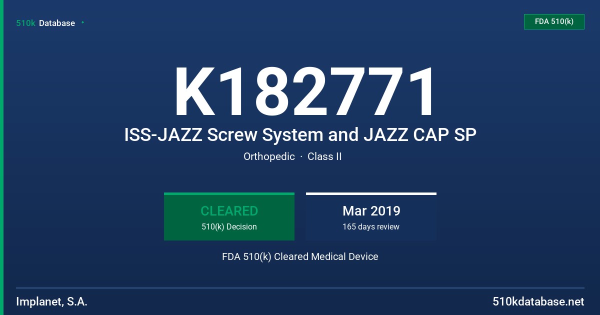 K182771 ISS-JAZZ Screw System and JAZZ CAP SP FDA 510(k) Cleared Medical Device