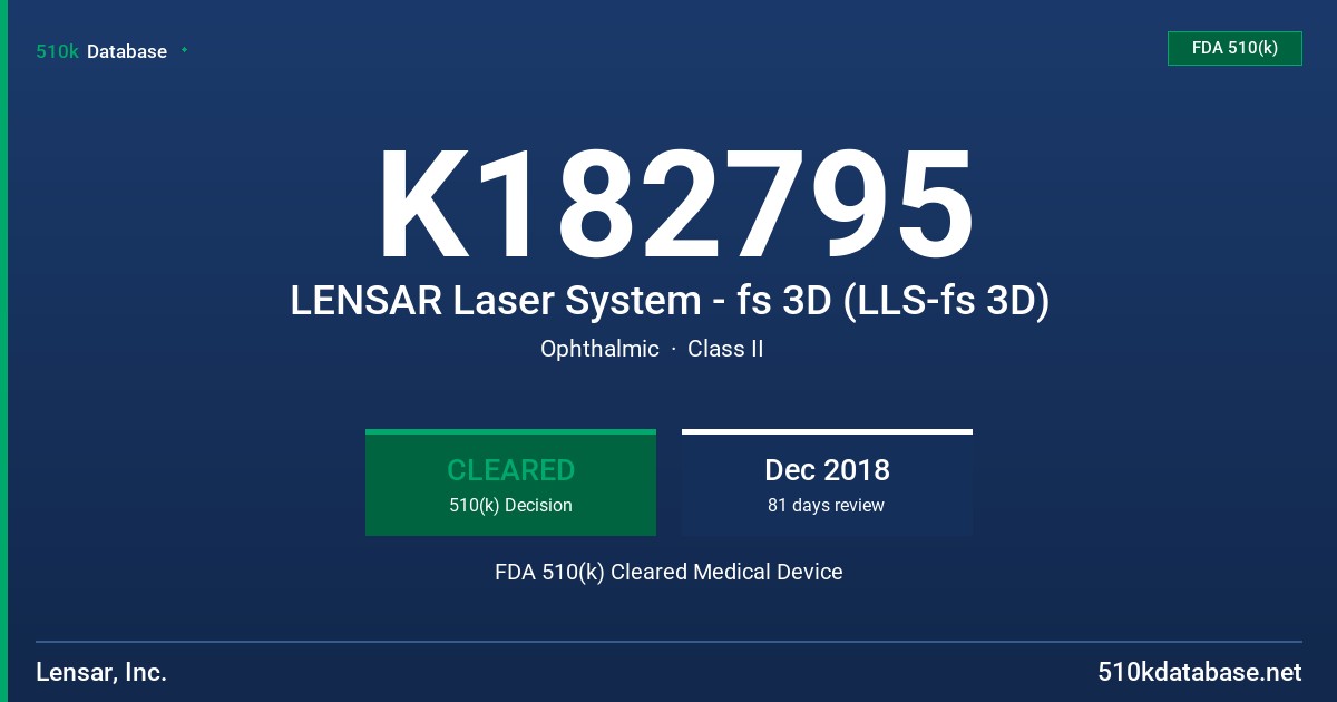 K182795 LENSAR Laser System - fs 3D (LLS-fs 3D) FDA 510(k) Cleared Medical Device