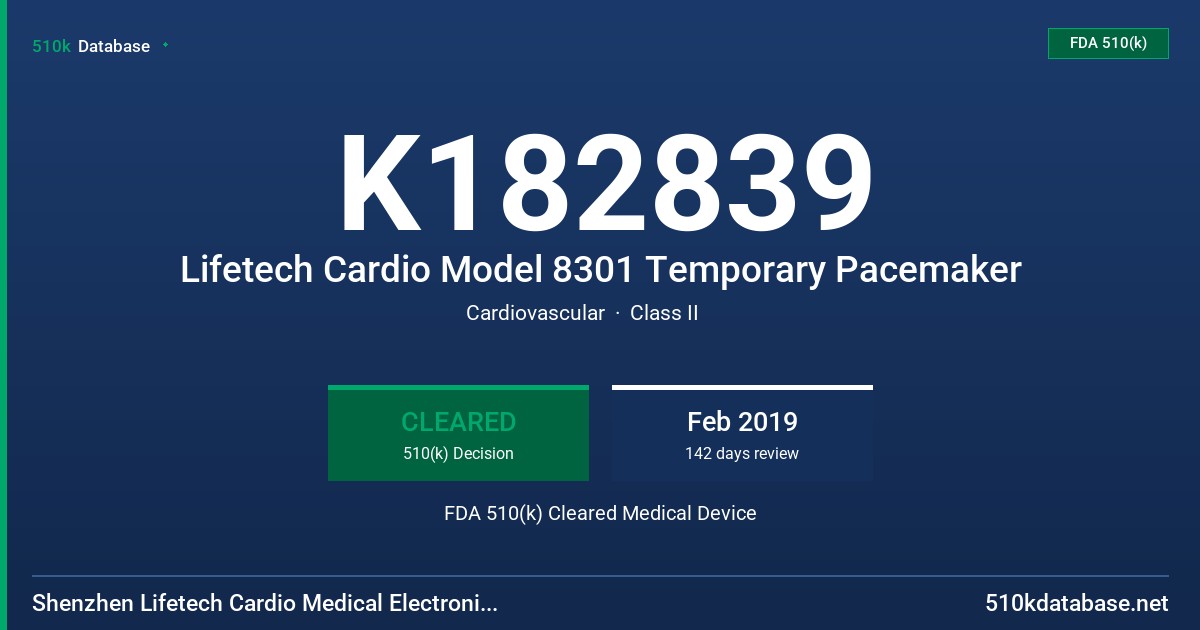 K182839 Lifetech Cardio Model 8301 Temporary Pacemaker FDA 510(k) Cleared Medical Device