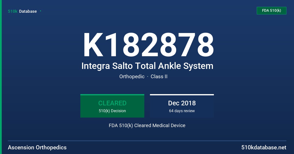 K182878 Integra Salto Total Ankle System FDA 510(k) Cleared Medical Device