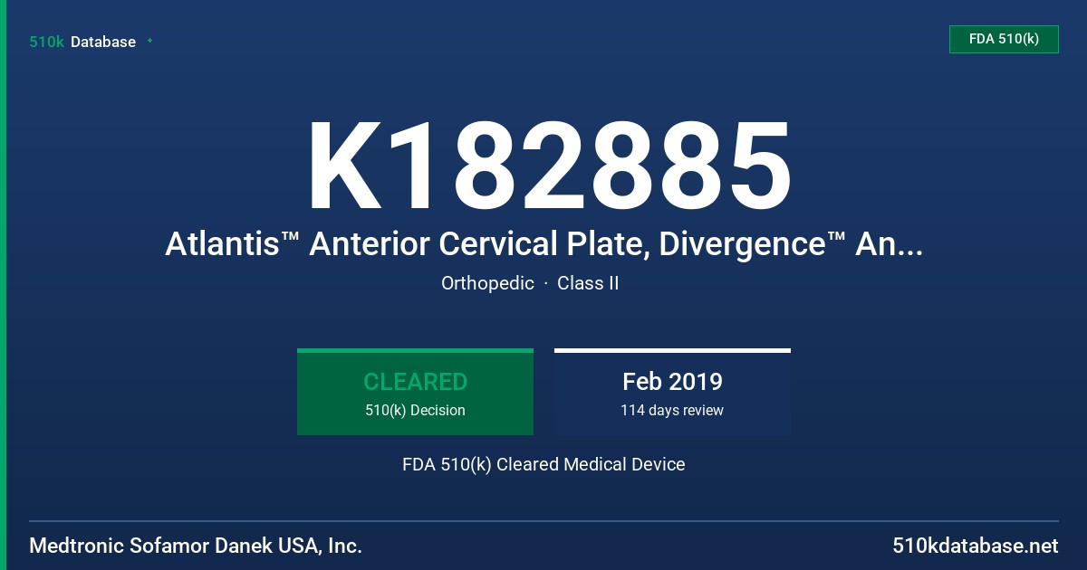 K182885 Atlantis™ Anterior Cervical Plate, Divergence™ Anterior Cervical Fusion System, Premier™ Anterior Cervical Plate, Venture™ Anterior Cervical Plate, Zephir™ Anterior Cervical Plate System and Zevo™ Anterior Cervical Plate System FDA 510(k) Cleared Medical Device