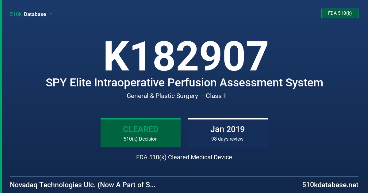 K182907 SPY Elite Intraoperative Perfusion Assessment System FDA 510(k) Cleared Medical Device