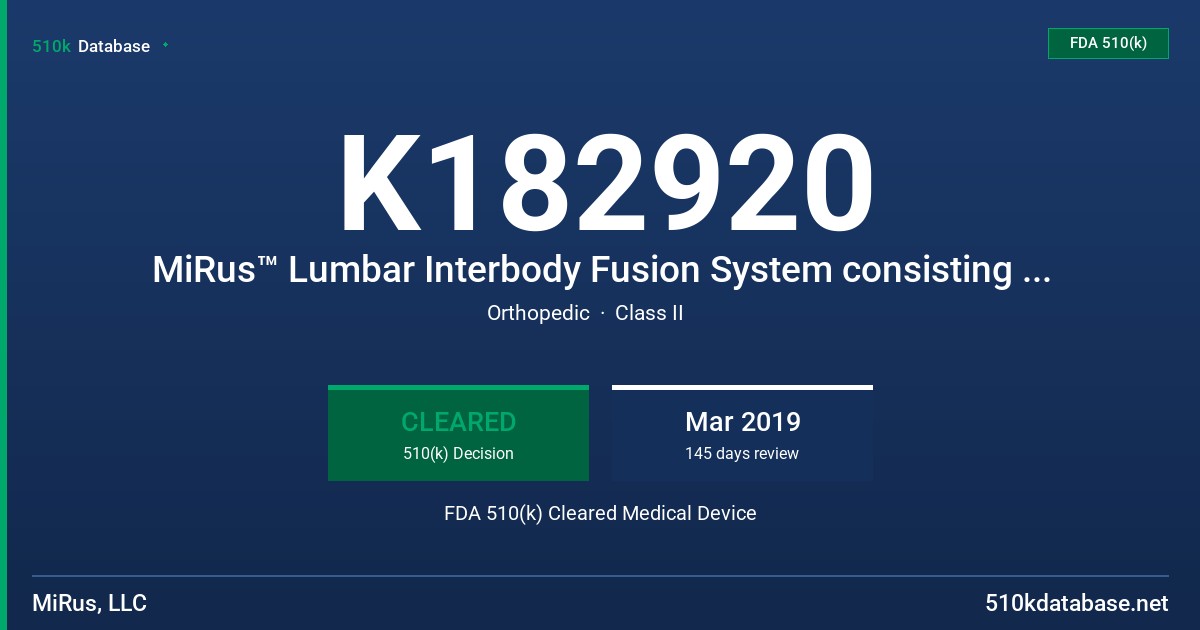 K182920 MiRus™ Lumbar Interbody Fusion System consisting of CALLISTO™ PEEK Posterior Lumbar Interbody Fusion (PLIF) FDA 510(k) Cleared Medical Device