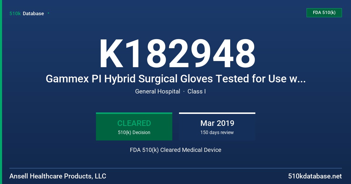 K182948 Gammex PI Hybrid Surgical Gloves Tested for Use with Chemotherapy Drugs FDA 510(k) Cleared Medical Device