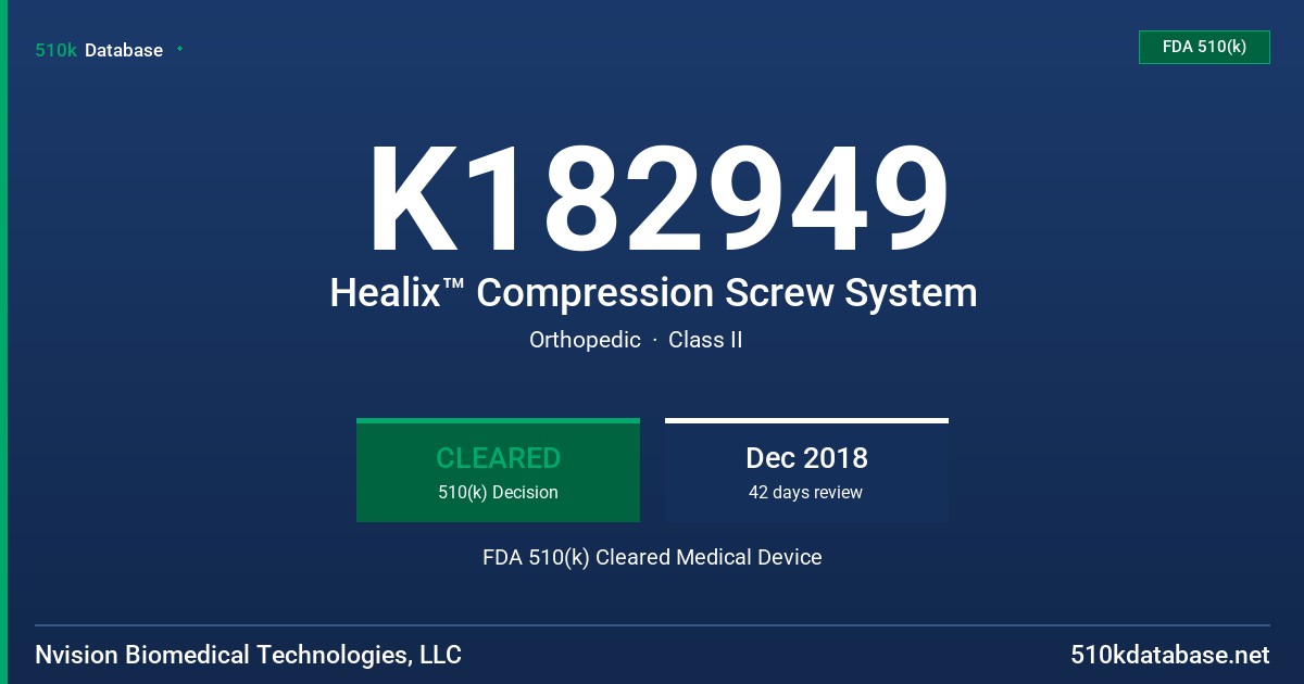 K182949 Healix™ Compression Screw System FDA 510(k) Cleared Medical Device
