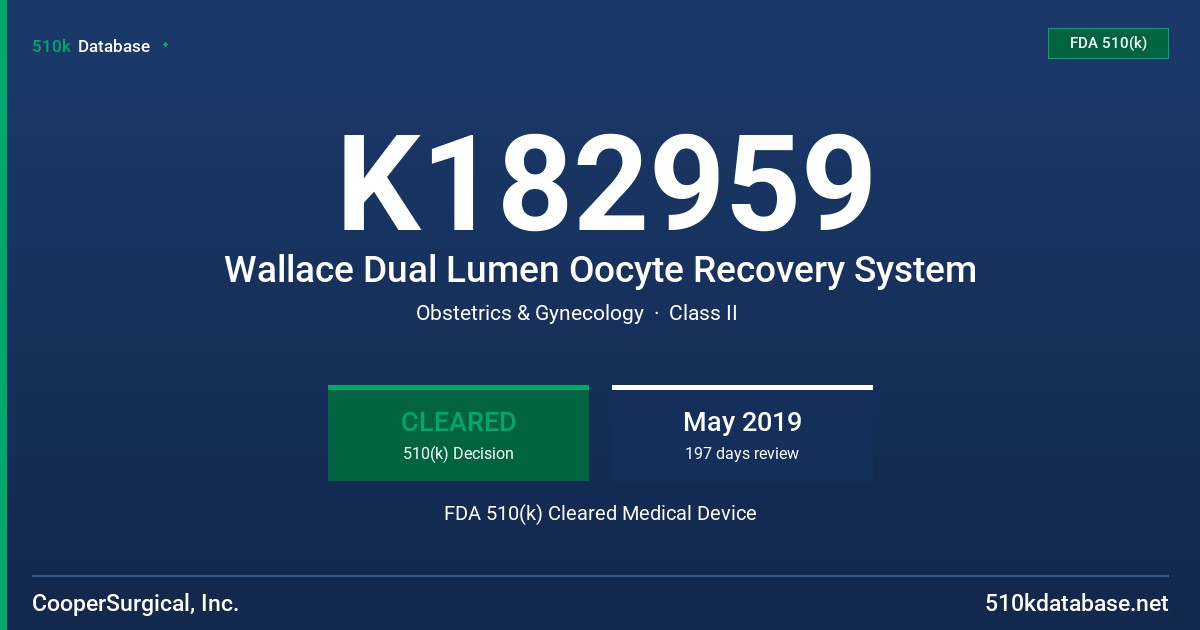 K182959 Wallace Dual Lumen Oocyte Recovery System FDA 510(k) Cleared Medical Device