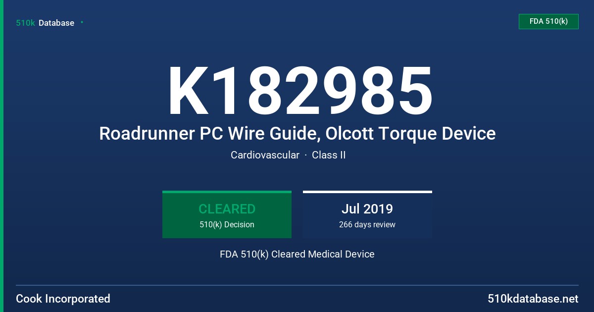 K182985 Roadrunner PC Wire Guide, Olcott Torque Device FDA 510(k) Cleared Medical Device