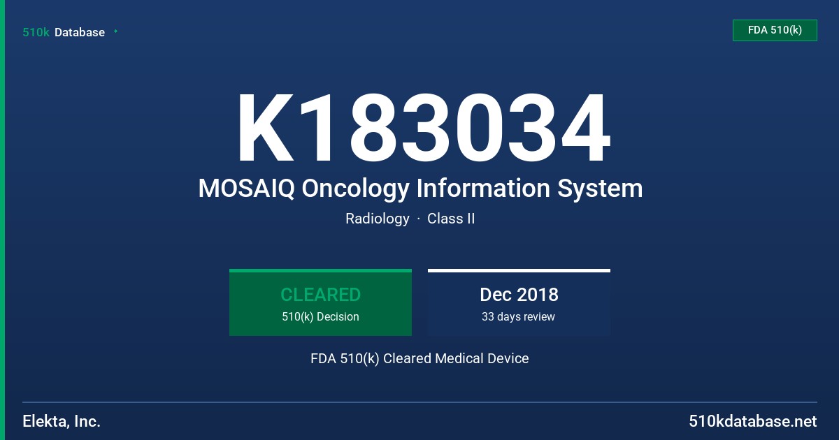 K183034 MOSAIQ Oncology Information System FDA 510(k) Cleared Medical Device