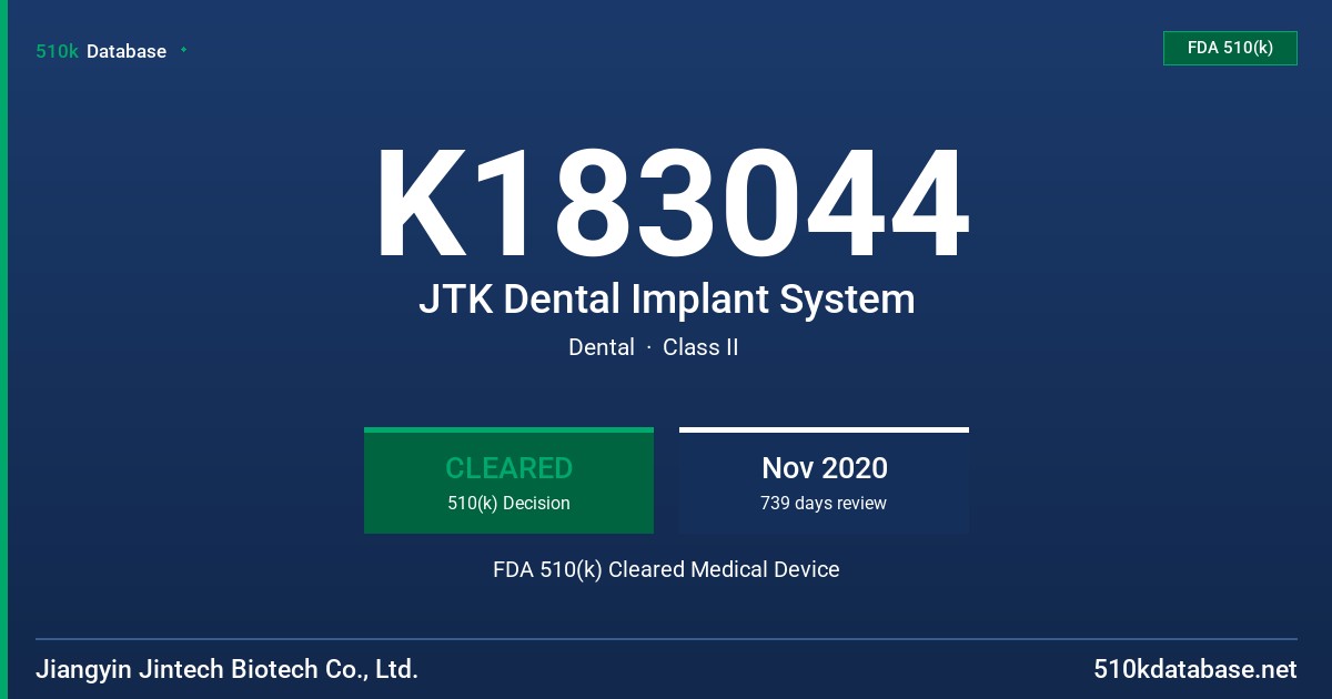K183044 JTK Dental Implant System FDA 510(k) Cleared Medical Device