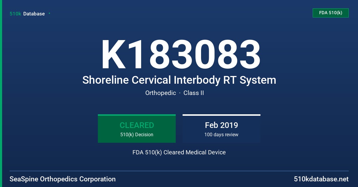 K183083 Shoreline Cervical Interbody RT System FDA 510(k) Cleared Medical Device