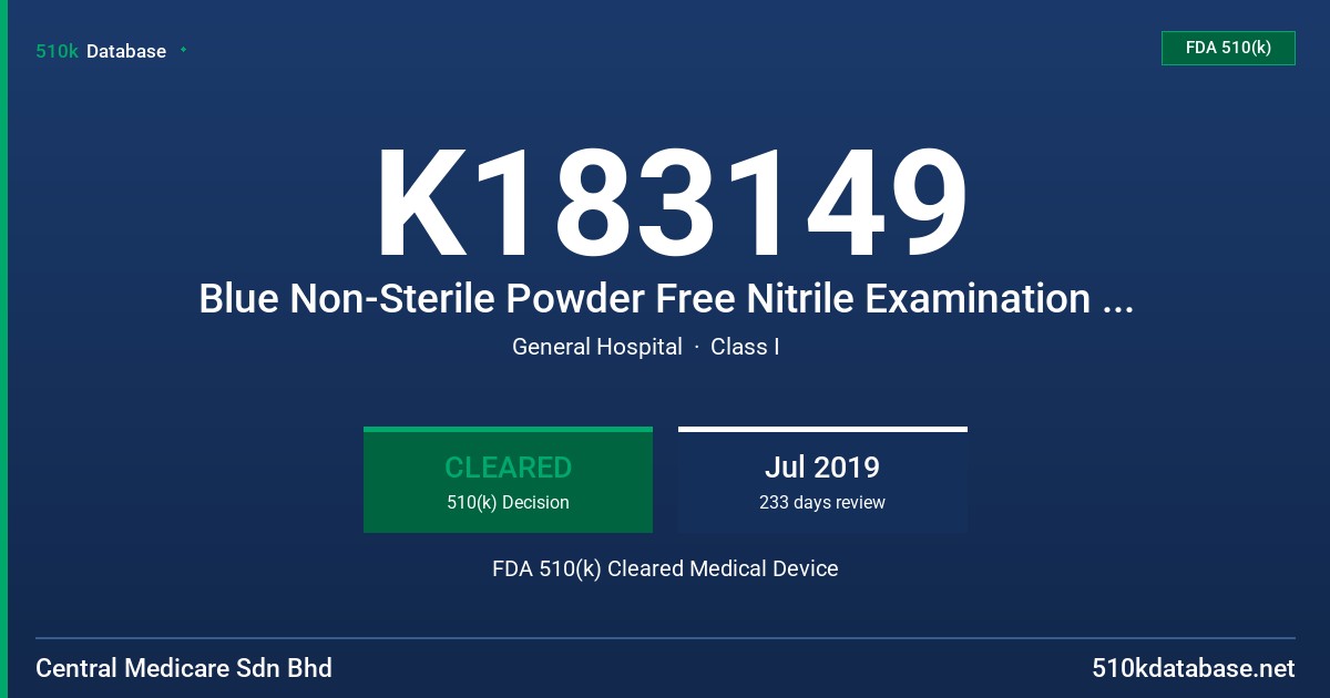 K183149 Blue Non-Sterile Powder Free Nitrile Examination Gloves, Tested for Use with Low Dermatitis and Fentanyl Permeation Resistance Claim FDA 510(k) Cleared Medical Device