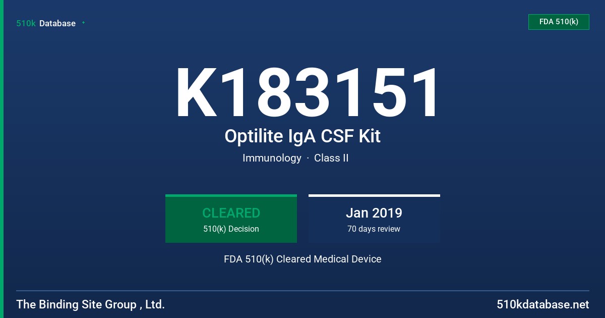 K183151 Optilite IgA CSF Kit FDA 510(k) Cleared Medical Device