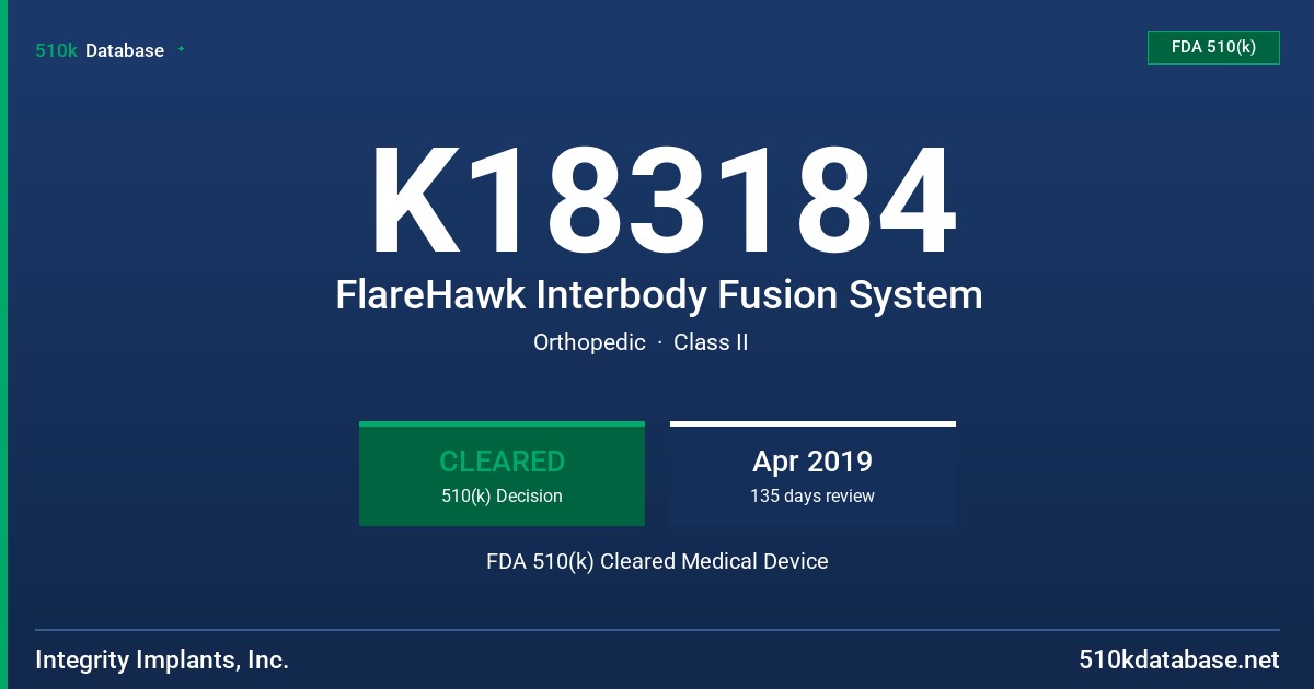 K183184 FlareHawk Interbody Fusion System FDA 510(k) Cleared Medical Device