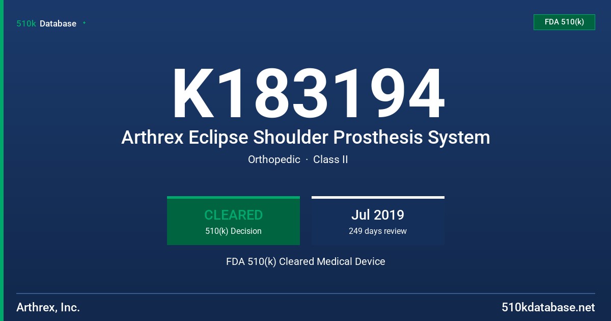 K183194 Arthrex Eclipse Shoulder Prosthesis System FDA 510(k) Cleared Medical Device