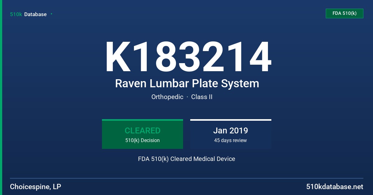 K183214 Raven Lumbar Plate System FDA 510(k) Cleared Medical Device