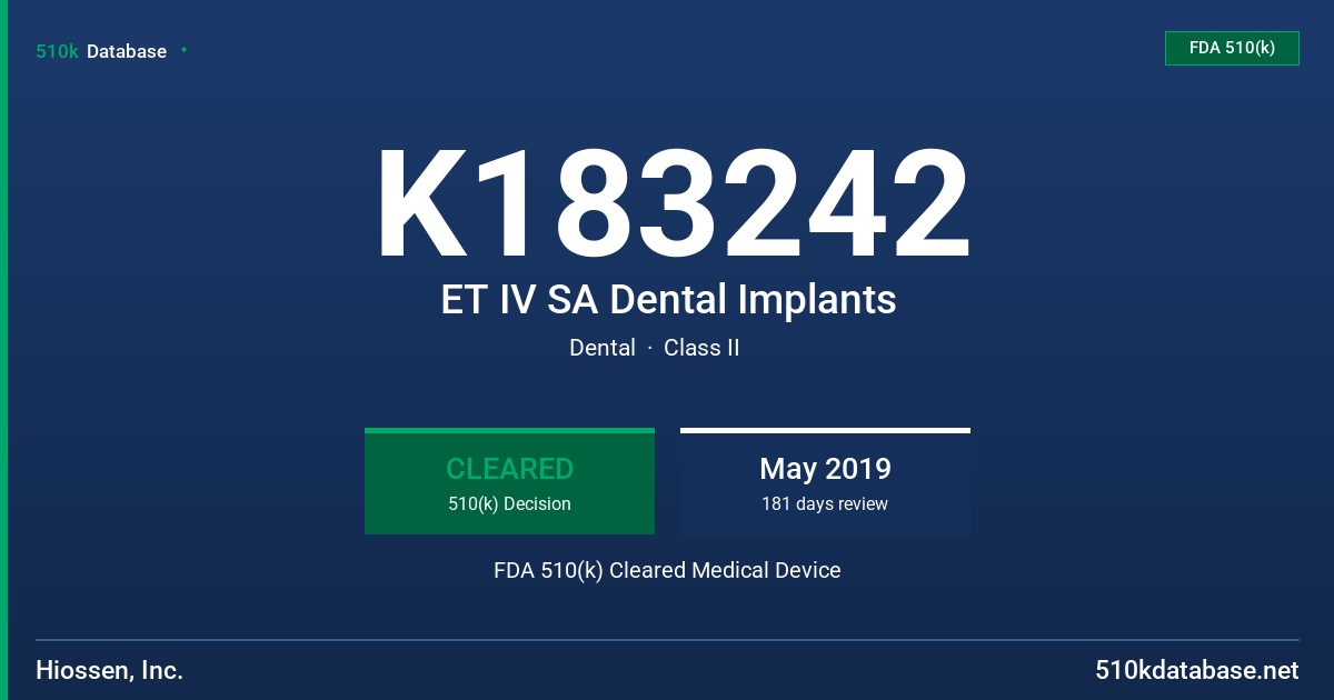 K183242 ET IV SA Dental Implants FDA 510(k) Cleared Medical Device