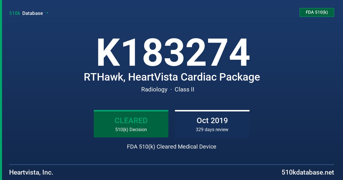 K183274 RTHawk, HeartVista Cardiac Package FDA 510(k) Cleared Medical Device