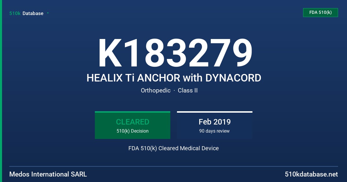 K183279 HEALIX Ti ANCHOR with DYNACORD FDA 510(k) Cleared Medical Device