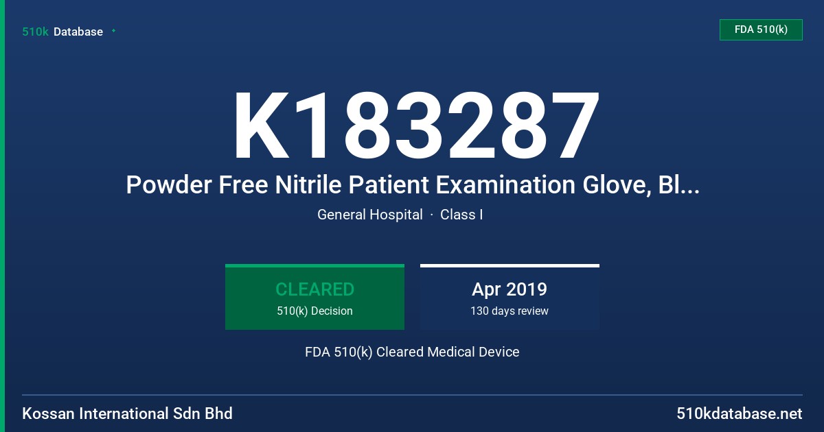 K183287 Powder Free Nitrile Patient Examination Glove, Blue Colored, Non-Sterile, Tested for Use with Chemotherapy Drugs and Fentanyl Citrate FDA 510(k) Cleared Medical Device