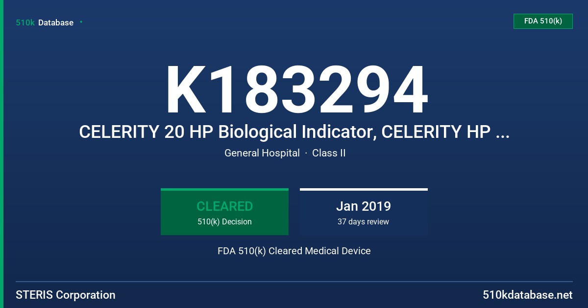 K183294 CELERITY 20 HP Biological Indicator, CELERITY HP Challenge Pack FDA 510(k) Cleared Medical Device