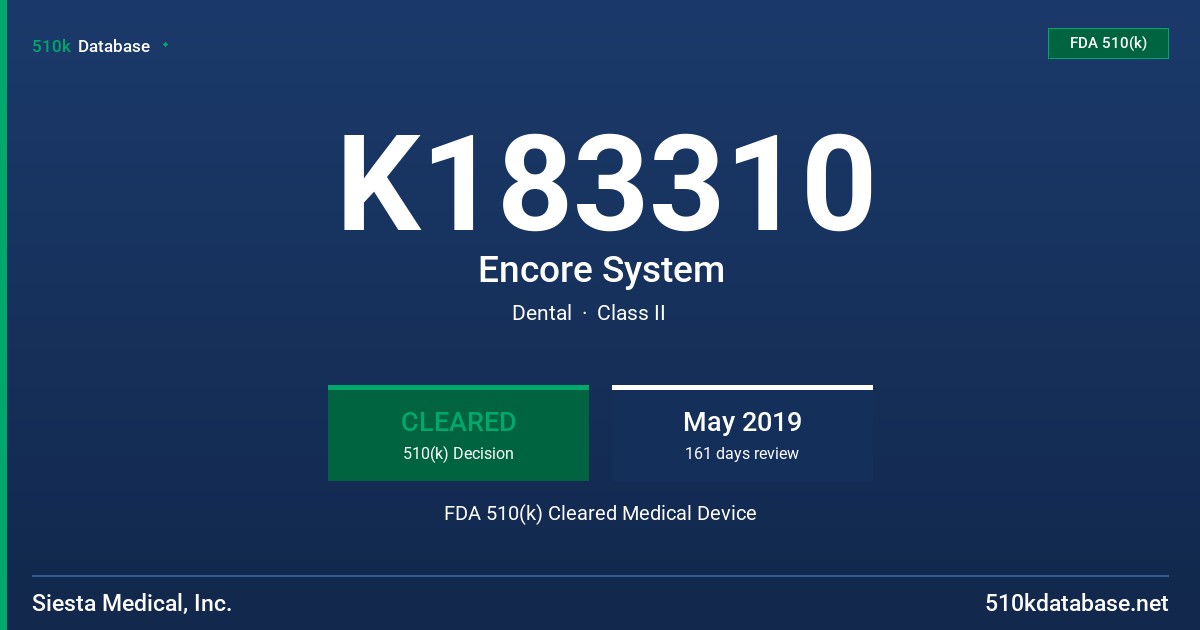 K183310 Encore System FDA 510(k) Cleared Medical Device