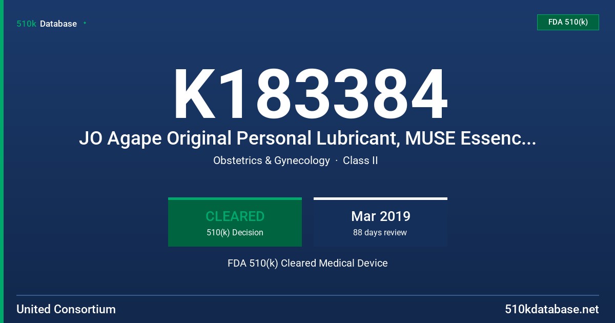 K183384 JO Agape Original Personal Lubricant, MUSE Essence Water-Based Lubricant, #LubeLife Water-Based Lubricant, #LubeLife Water-Based Anal Lubricant FDA 510(k) Cleared Medical Device