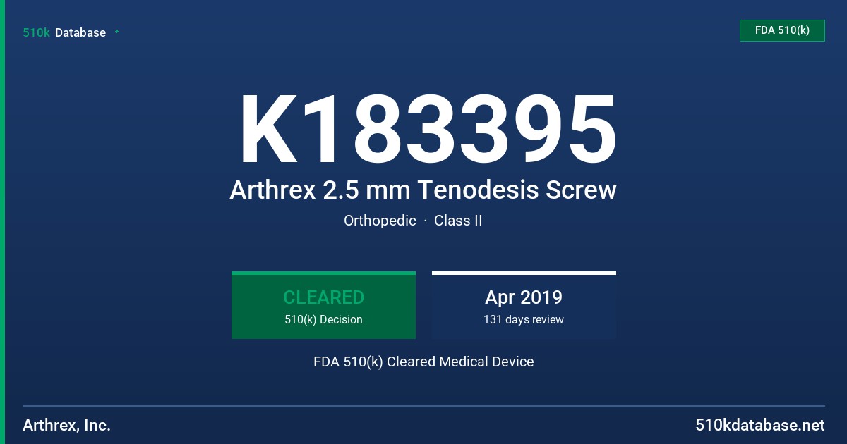 K183395 Arthrex 2.5 mm Tenodesis Screw FDA 510(k) Cleared Medical Device