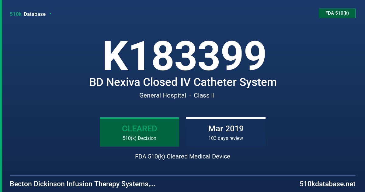 K183399 BD Nexiva Closed IV Catheter System FDA 510(k) Cleared Medical Device