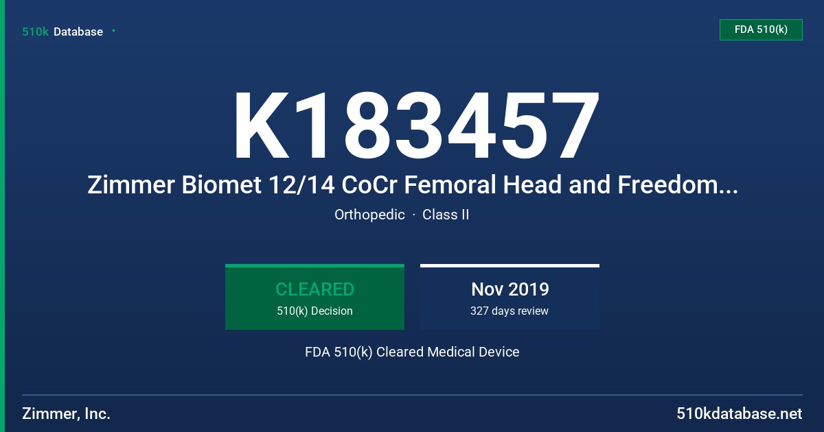 K183457 Zimmer Biomet 12/14 CoCr Femoral Head and Freedom Head FDA 510(k) Cleared Medical Device