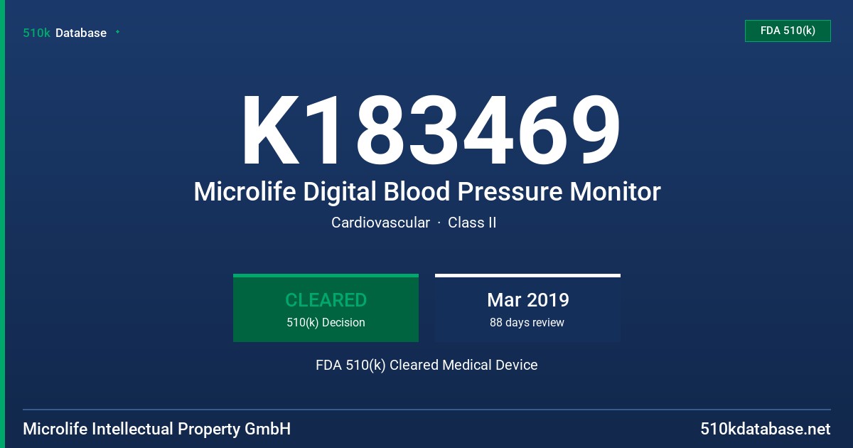 K183469 Microlife Digital Blood Pressure Monitor FDA 510(k) Cleared Medical Device