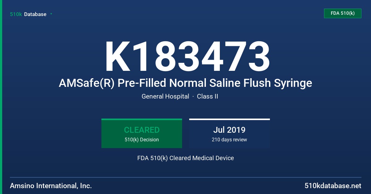 K183473 AMSafe(R) Pre-Filled Normal Saline Flush Syringe FDA 510(k) Cleared Medical Device