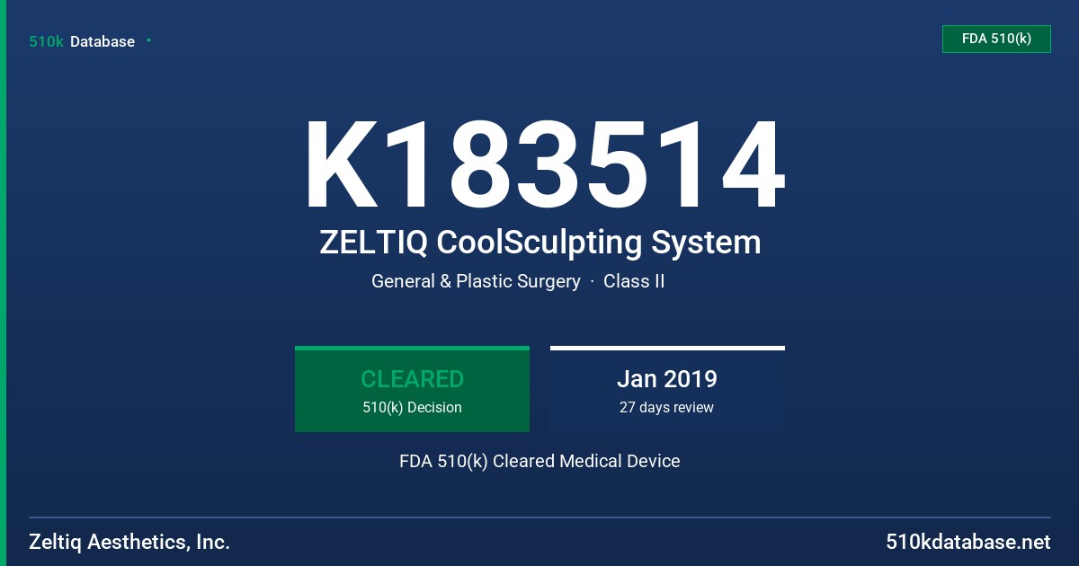K183514 ZELTIQ CoolSculpting System FDA 510(k) Cleared Medical Device