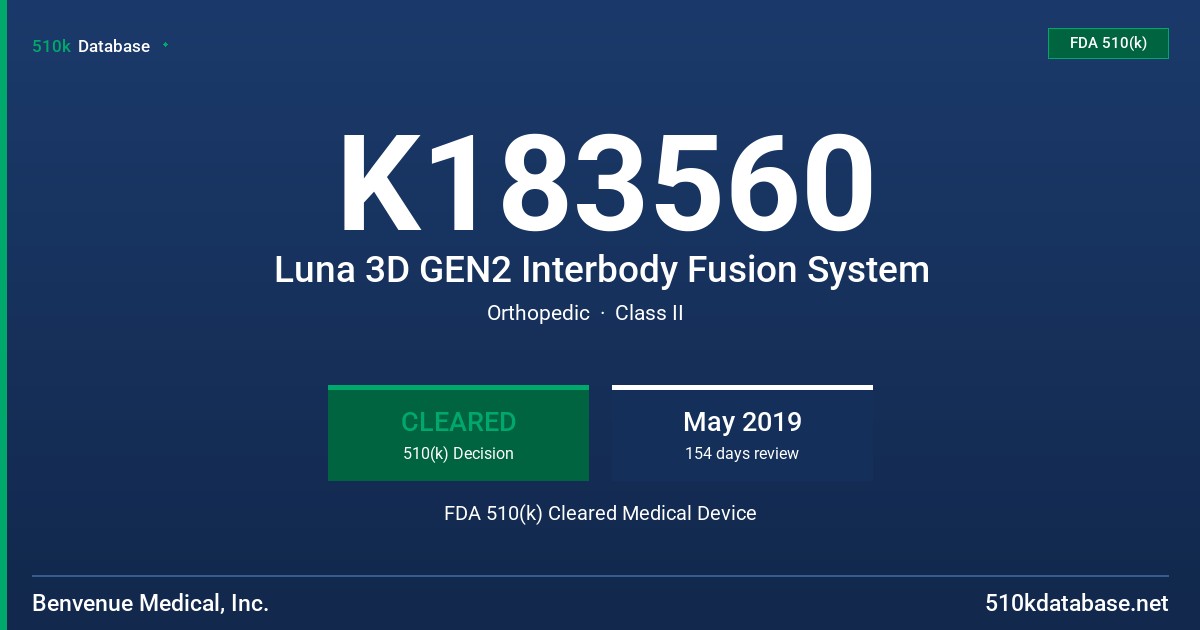 K183560 Luna 3D GEN2 Interbody Fusion System FDA 510(k) Cleared Medical Device