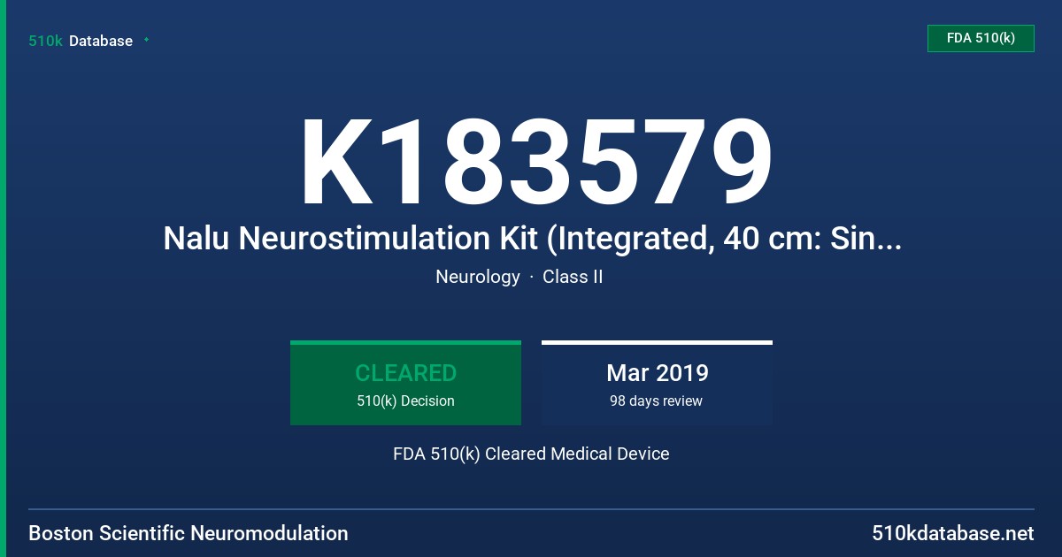 K183579 Nalu Neurostimulation Kit (Integrated, 40 cm: Single 8/Dual 8), Nalu Neurostimulation Kit (Ported, 2 cm: Single 8/Dual 8), Dual 8 Ported Nalu Implantable Pulse Generator with 40 cm Kit, 40 cm/ 60 cm Trial/Extension Lead Kits, Patient Kits and miscellaneous replacement kits FDA 510(k) Cleared Medical Device