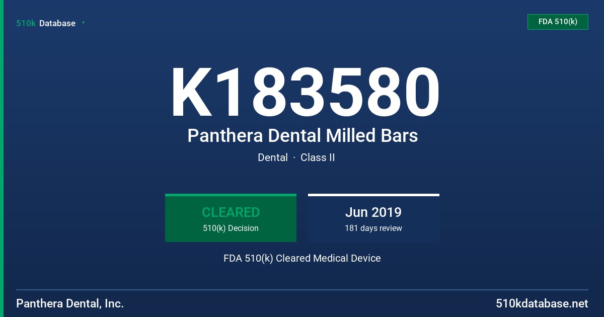 K183580 Panthera Dental Milled Bars FDA 510(k) Cleared Medical Device